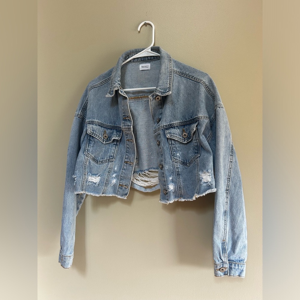 Special A Women’s Size Small Distressed Denim Cropped Jacket